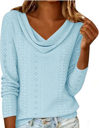 Womens Tops Dressy Fashion Cowl Neck Long Sleeve Hollow Out Blouse Casual Loose Top for Daily Wear in Kuwait