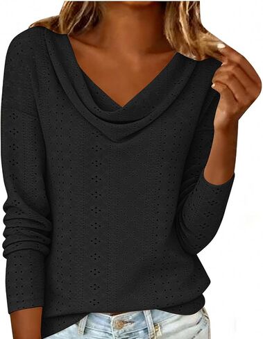 Womens Tops Dressy Fashion Cowl Neck Long Sleeve Hollow Out Blouse Casual Loose Top for Daily Wear in Kuwait