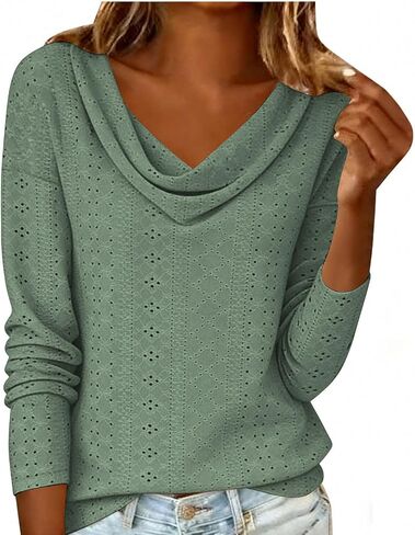 Womens Tops Dressy Fashion Cowl Neck Long Sleeve Hollow Out Blouse Casual Loose Top for Daily Wear in Kuwait