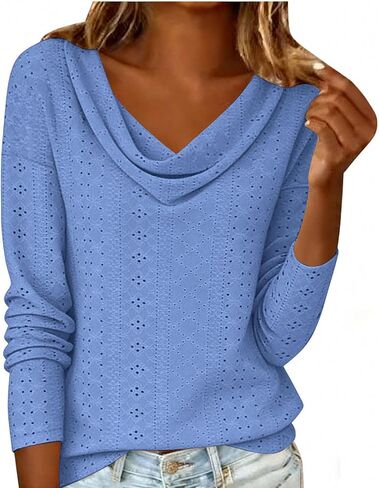 Womens Tops Dressy Fashion Cowl Neck Long Sleeve Hollow Out Blouse Casual Loose Top for Daily Wear in Kuwait