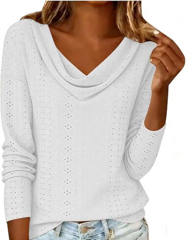 Womens Tops Dressy Fashion Cowl Neck Long Sleeve Hollow Out Blouse Casual Loose Top for Daily Wear in Kuwait