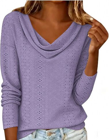 Womens Tops Dressy Fashion Cowl Neck Long Sleeve Hollow Out Blouse Casual Loose Top for Daily Wear in Kuwait