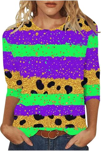 Mardi Gras Shirts for Women 3/4 Sleeve Crewneck Sparkly Shirts Casual Lightweight Carnival Vacation Tops in Saudi Arabia