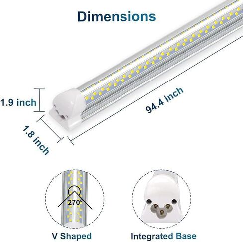 SZSKYING 10 Pack 8FT LED Shop Light، 120W 12000LM 6500K ضوء النهار الأبيض، T8 أنبوب متكامل على شكل حرف V، 96' أربعة صفوف عالية الإخراج، قابلة للربط 8 أقدام LED لاعبا أساسيا، قابس إضاءة المرآب غير قابل للتعتيم in Kuwait