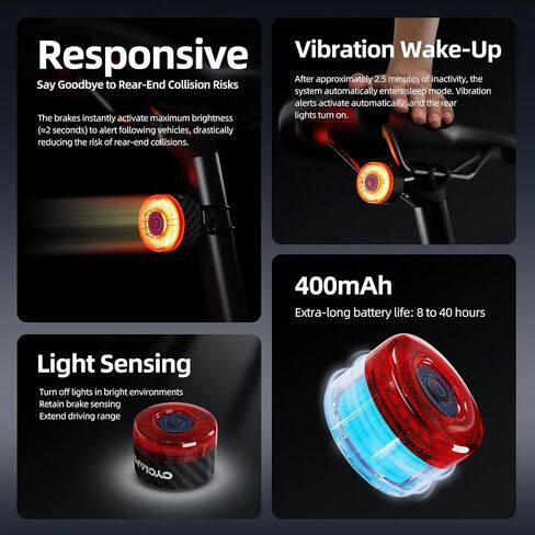 Bike Tail Light/Rear Light — Auto-On, Smart Brake Warning, USB Rechargeable, 6 Lighting Modes, Light Sensor, 40H Runtime, Battery Level Indicator, IP65 Waterproof, LED Backlight in Kuwait