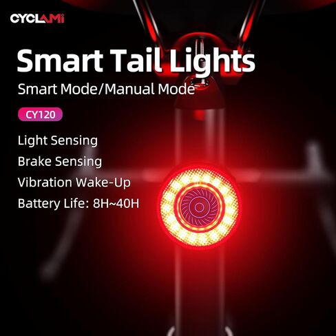 Bike Tail Light/Rear Light — Auto-On, Smart Brake Warning, USB Rechargeable, 6 Lighting Modes, Light Sensor, 40H Runtime, Battery Level Indicator, IP65 Waterproof, LED Backlight in Kuwait