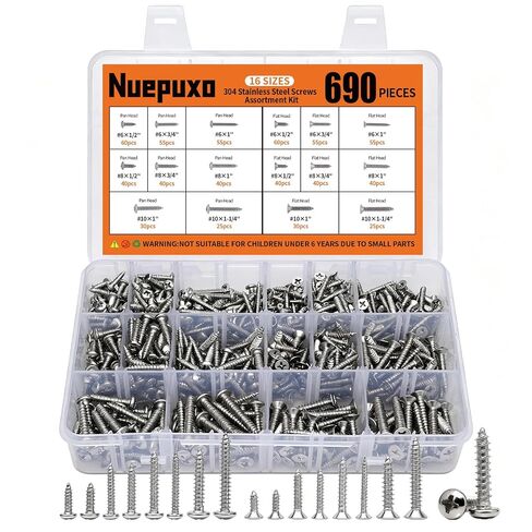 690PCS Self Tapping Screws Assortment Kit, 304 Stainless Steel Wood Screws, 16 Sizes #6#8#10 Phillips Pan Head & Flat Head Sheet Metal Screws (Length 1/2", 3/4", 1", 1-1/4") in Kuwait