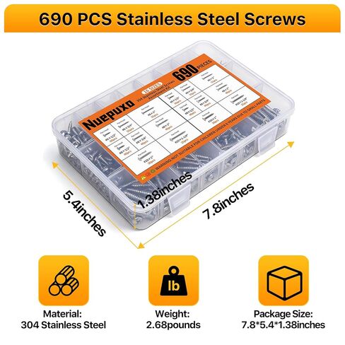 690PCS Self Tapping Screws Assortment Kit, 304 Stainless Steel Wood Screws, 16 Sizes #6#8#10 Phillips Pan Head & Flat Head Sheet Metal Screws (Length 1/2", 3/4", 1", 1-1/4") in Kuwait