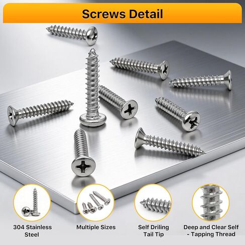 690PCS Self Tapping Screws Assortment Kit, 304 Stainless Steel Wood Screws, 16 Sizes #6#8#10 Phillips Pan Head & Flat Head Sheet Metal Screws (Length 1/2", 3/4", 1", 1-1/4") in Kuwait