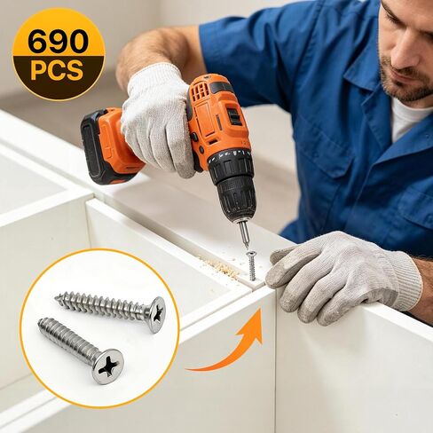 690PCS Self Tapping Screws Assortment Kit, 304 Stainless Steel Wood Screws, 16 Sizes #6#8#10 Phillips Pan Head & Flat Head Sheet Metal Screws (Length 1/2", 3/4", 1", 1-1/4") in Kuwait