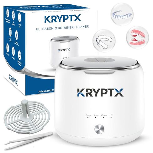 آلة تنظيف التجنيب بالموجات فوق الصوتية من KRYPTX - 45 كيلو هرتز مع خزان سعة 200 مل، و4 مصابيح UV-A+C و4 أوضاع - منظف بالموجات فوق الصوتية لتنظيف الأسنان للمثبتات، والمصففات، وواقيات الفم، وفرشاة الأسنان - أبيض | فتحة مخصصة لفرشاة الأسنان، شاحن من النوع C، in Kuwait