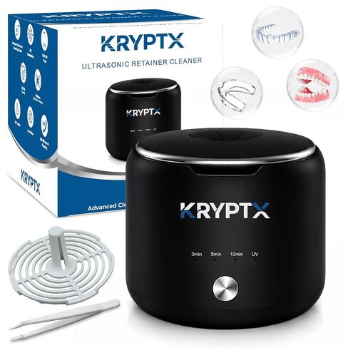آلة تنظيف التجنيب بالموجات فوق الصوتية من KRYPTX - 45 كيلو هرتز مع خزان سعة 200 مل، و4 مصابيح UV-A+C و4 أوضاع - منظف بالموجات فوق الصوتية لتنظيف الأسنان للمثبتات، والمصففات، وواقيات الفم، وفرشاة الأسنان - أبيض | فتحة مخصصة لفرشاة الأسنان، شاحن من النوع C، in Kuwait