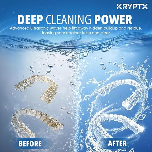 آلة تنظيف التجنيب بالموجات فوق الصوتية من KRYPTX - 45 كيلو هرتز مع خزان سعة 200 مل، و4 مصابيح UV-A+C و4 أوضاع - منظف بالموجات فوق الصوتية لتنظيف الأسنان للمثبتات، والمصففات، وواقيات الفم، وفرشاة الأسنان - أبيض | فتحة مخصصة لفرشاة الأسنان، شاحن من النوع C، in Kuwait