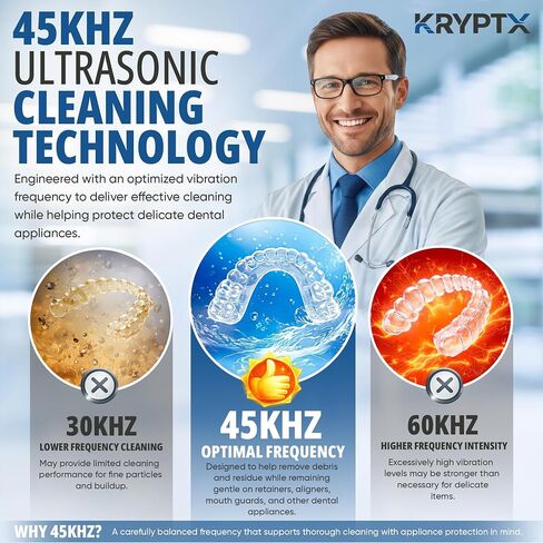 آلة تنظيف التجنيب بالموجات فوق الصوتية من KRYPTX - 45 كيلو هرتز مع خزان سعة 200 مل، و4 مصابيح UV-A+C و4 أوضاع - منظف بالموجات فوق الصوتية لتنظيف الأسنان للمثبتات، والمصففات، وواقيات الفم، وفرشاة الأسنان - أبيض | فتحة مخصصة لفرشاة الأسنان، شاحن من النوع C، in Kuwait