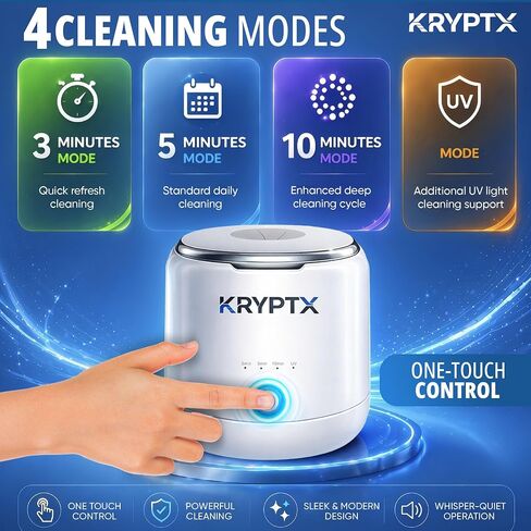آلة تنظيف التجنيب بالموجات فوق الصوتية من KRYPTX - 45 كيلو هرتز مع خزان سعة 200 مل، و4 مصابيح UV-A+C و4 أوضاع - منظف بالموجات فوق الصوتية لتنظيف الأسنان للمثبتات، والمصففات، وواقيات الفم، وفرشاة الأسنان - أبيض | فتحة مخصصة لفرشاة الأسنان، شاحن من النوع C، in Kuwait