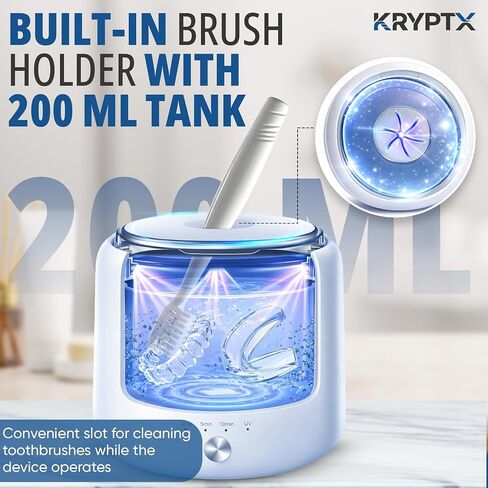آلة تنظيف التجنيب بالموجات فوق الصوتية من KRYPTX - 45 كيلو هرتز مع خزان سعة 200 مل، و4 مصابيح UV-A+C و4 أوضاع - منظف بالموجات فوق الصوتية لتنظيف الأسنان للمثبتات، والمصففات، وواقيات الفم، وفرشاة الأسنان - أبيض | فتحة مخصصة لفرشاة الأسنان، شاحن من النوع C، in Kuwait