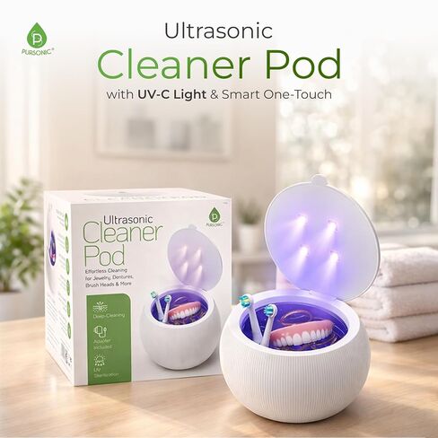 جراب منظف بالموجات فوق الصوتية 42 كيلو هرتز من Pursonic مع ضوء الأشعة فوق البنفسجية ولمسة واحدة ذكية - جهاز تنظيف قائم على الماء مع ميزة الإغلاق التلقائي للعملات المعدنية وأطقم الأسنان والمصففات والمجوهرات ورؤوس فرشاة الأسنان in Kuwait