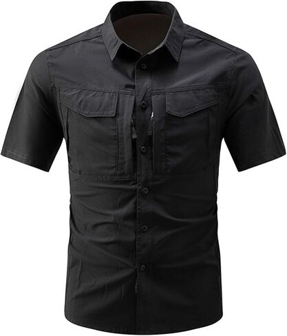 Shirt for Men Summer Short Sleeve Collared Tops with Multiple Pockets Lightweight Breathable Casual Solid Shirts in Kuwait
