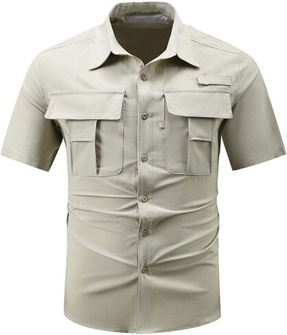Shirt for Men Summer Collared Short Sleeve Tops with Multiple Pockets Lightweight Breathable Casual Solid Shirts in Kuwait