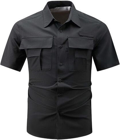 Shirt for Men Summer Collared Short Sleeve Tops with Multiple Pockets Lightweight Breathable Casual Solid Shirts in Kuwait