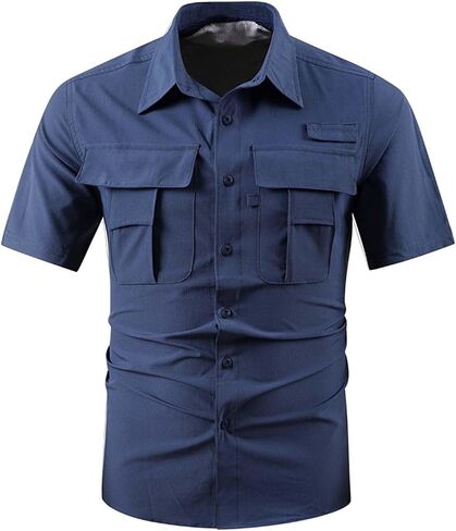 Shirt for Men Summer Collared Short Sleeve Tops with Multiple Pockets Lightweight Breathable Casual Solid Shirts in Kuwait