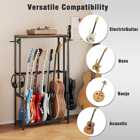 Espelism Guitar Stand for Multiple Guitars, 26" L x 12" W x 47" H Guitar Rack for Acoustic & Electric Guitars, Bass & Ukulele, Rustic Wood Top Floor Stand with Foam-Padded Metal Frame in Kuwait