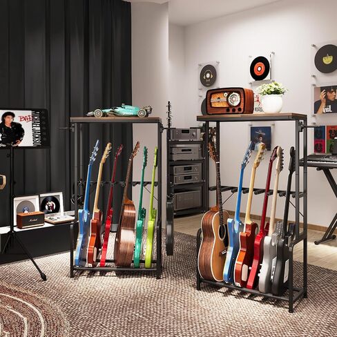 Espelism Guitar Stand for Multiple Guitars, 26" L x 12" W x 47" H Guitar Rack for Acoustic & Electric Guitars, Bass & Ukulele, Rustic Wood Top Floor Stand with Foam-Padded Metal Frame in Kuwait