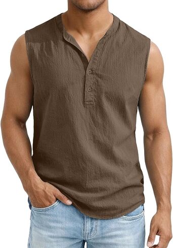 Shirts for Men Summer V Neck Sleeveless Linen Tank Tops Lightweight Breathable Lounge Solid Color Tops for Daily in Kuwait