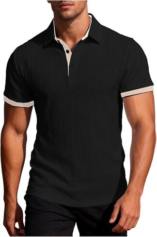 Mens Shirt Summer Collared Short Sleeve Tops with Textured Fabric Lightweight Breathable Lounge Contrast Color Tees in Kuwait