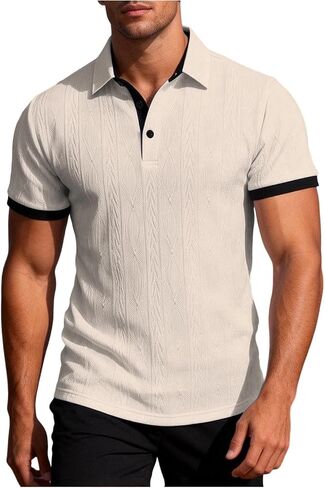 Mens Shirt Summer Collared Short Sleeve Tops with Textured Fabric Lightweight Breathable Lounge Contrast Color Tees in Kuwait
