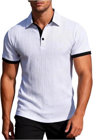 Mens Shirt Summer Collared Short Sleeve Tops with Textured Fabric Lightweight Breathable Lounge Contrast Color Tees in Kuwait