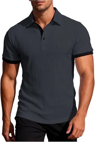 Mens Shirt Summer Collared Short Sleeve Tops with Textured Fabric Lightweight Breathable Lounge Contrast Color Tees in Kuwait