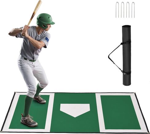 Batting Mat, 6x4ft Baseball Softball Hitting Mat for Batting Stance Practice, Batters Box Turf Mats with Home Plate, Non-Slip Baseball Cage Mats for Indoor Outdoor with 4 Stakes, Carry Strap in Kuwait