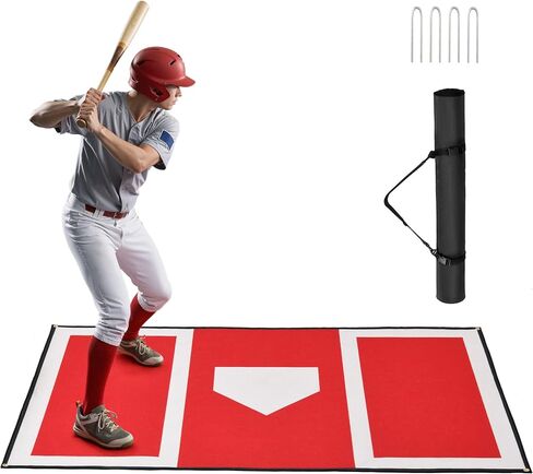Batting Mat, 6x4ft Baseball Softball Hitting Mat for Batting Stance Practice, Batters Box Turf Mats with Home Plate, Non-Slip Baseball Cage Mats for Indoor Outdoor with 4 Stakes, Carry Strap in Saudi Arabia