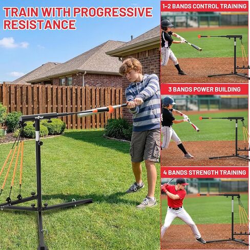 Baseball Softball Swing Trainer with Tripod Base, Adjustable Height Batting Trainer for Solo Hitting Practice, Auto-Return Trainer with 4 Elastic Ropes, Ground Pegs & Carry Bag in Kuwait