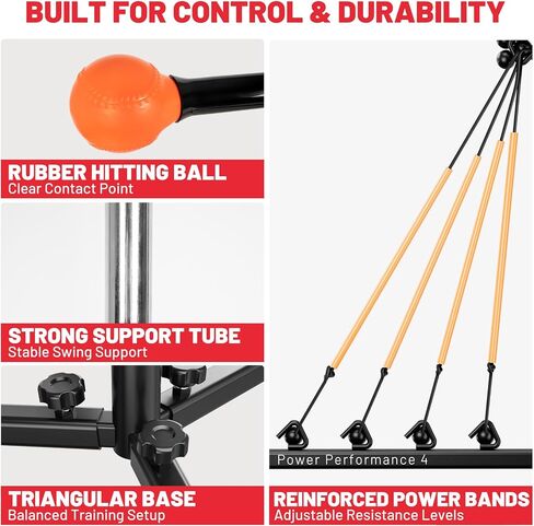 Baseball Softball Swing Trainer with Tripod Base, Adjustable Height Batting Trainer for Solo Hitting Practice, Auto-Return Trainer with 4 Elastic Ropes, Ground Pegs & Carry Bag in Kuwait