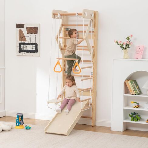 6-in-1 Swedish Ladder Wall Gym, Indoor Kids Playground with Swing, Rope Ladder, Pull-Up Bar, Slide, Gymnastic Rings, Wooden Wall Mounted Indoor Play Set for Kids & Adults (Style A) in Kuwait