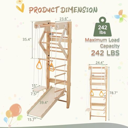 6-in-1 Swedish Ladder Wall Gym, Indoor Kids Playground with Swing, Rope Ladder, Pull-Up Bar, Slide, Gymnastic Rings, Wooden Wall Mounted Indoor Play Set for Kids & Adults (Style A) in Kuwait