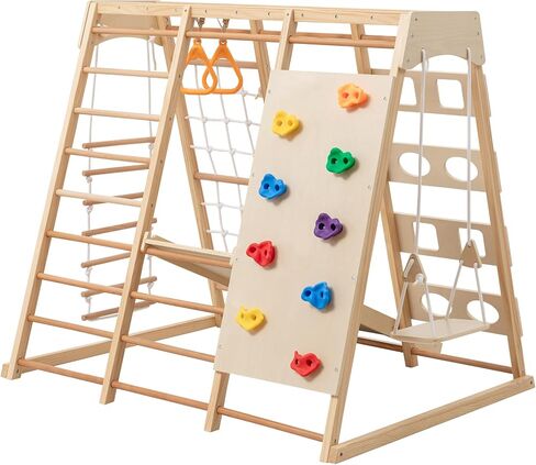 6-in-1 Swedish Ladder Wall Gym, Indoor Kids Playground with Swing, Rope Ladder, Pull-Up Bar, Slide, Gymnastic Rings, Wooden Wall Mounted Indoor Play Set for Kids & Adults (Style A) in Kuwait