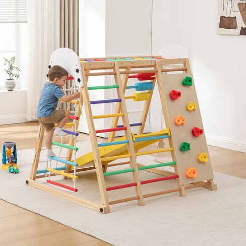 6-in-1 Swedish Ladder Wall Gym, Indoor Kids Playground with Swing, Rope Ladder, Pull-Up Bar, Slide, Gymnastic Rings, Wooden Wall Mounted Indoor Play Set for Kids & Adults (Style A) in Kuwait
