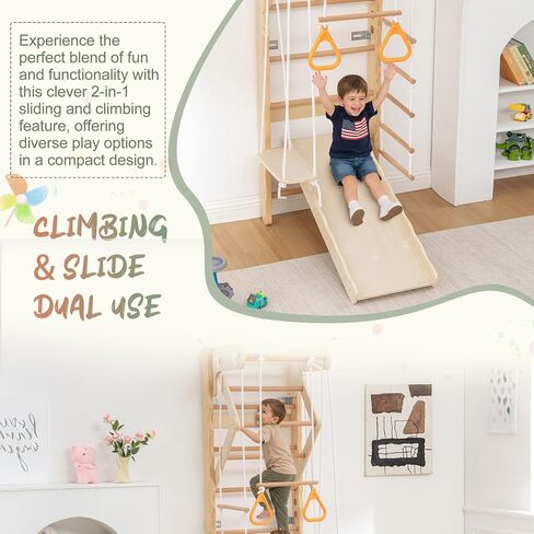 6-in-1 Swedish Ladder Wall Gym, Indoor Kids Playground with Swing, Rope Ladder, Pull-Up Bar, Slide, Gymnastic Rings, Wooden Wall Mounted Indoor Play Set for Kids & Adults (Style A) in Kuwait