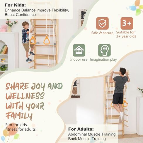 6-in-1 Swedish Ladder Wall Gym, Indoor Kids Playground with Swing, Rope Ladder, Pull-Up Bar, Slide, Gymnastic Rings, Wooden Wall Mounted Indoor Play Set for Kids & Adults (Style A) in Kuwait