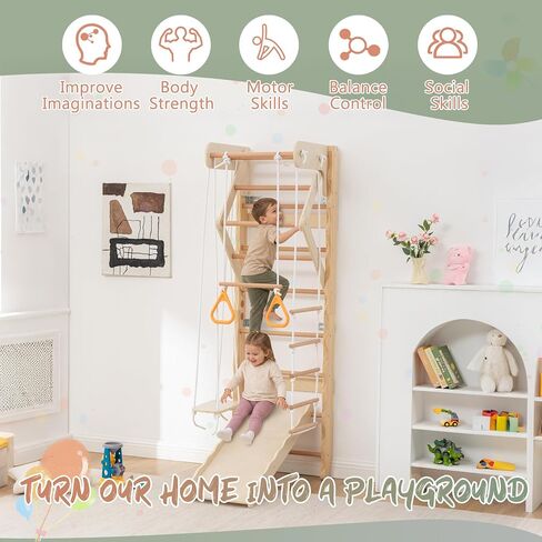 6-in-1 Swedish Ladder Wall Gym, Indoor Kids Playground with Swing, Rope Ladder, Pull-Up Bar, Slide, Gymnastic Rings, Wooden Wall Mounted Indoor Play Set for Kids & Adults (Style A) in Kuwait