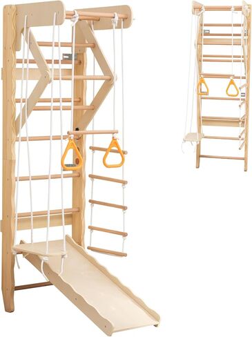6-in-1 Swedish Ladder Wall Gym, Indoor Kids Playground with Swing, Rope Ladder, Pull-Up Bar, Slide, Gymnastic Rings, Wooden Wall Mounted Indoor Play Set for Kids & Adults (Style A) in Kuwait