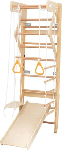 6-in-1 Swedish Ladder Wall Gym, Indoor Kids Playground with Swing, Rope Ladder, Pull-Up Bar, Slide, Gymnastic Rings, Wooden Wall Mounted Indoor Play Set for Kids & Adults (Style A) in Kuwait
