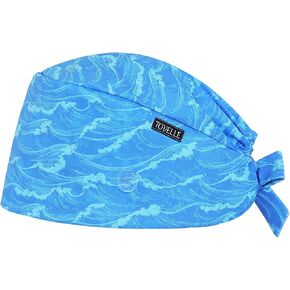 Ocean Wave Double-Sided Printed Scrub Caps for Men and Women with Buttons, Adjustable Helps Reduce Static Buildup Medical Hats, Breathable Surgical Caps with Sweatband for Long Hours in Kuwait