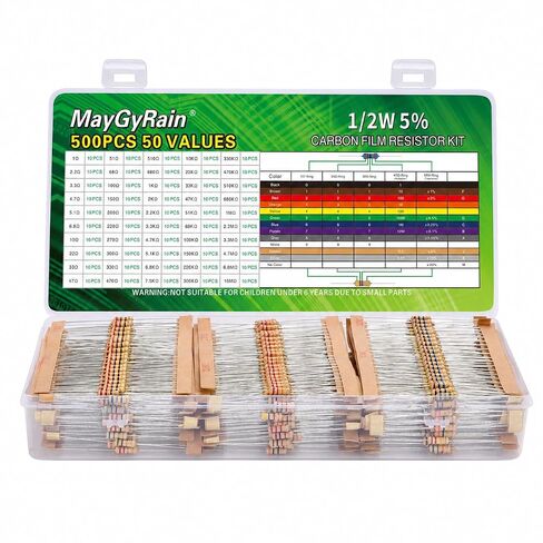 Carbon Film Resistor Kit, 50 Values 1/4W 5% Tolerance Resistors Assortment,0-10M Ohm Through Hole Resistors with Storage Box for Arduino,DIY Electronics Circuit Repair (1/4WJ-50V-1000PCS, Carbon) in Kuwait