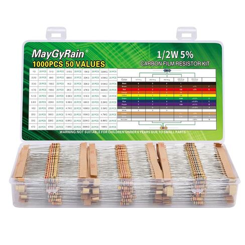 Carbon Film Resistor Kit, 50 Values 1/4W 5% Tolerance Resistors Assortment,0-10M Ohm Through Hole Resistors with Storage Box for Arduino,DIY Electronics Circuit Repair (1/4WJ-50V-1000PCS, Carbon) in Kuwait