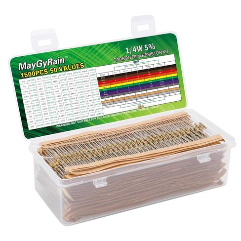 Carbon Film Resistor Kit, 50 Values 1/4W 5% Tolerance Resistors Assortment,0-10M Ohm Through Hole Resistors with Storage Box for Arduino,DIY Electronics Circuit Repair (1/4WJ-50V-1000PCS, Carbon) in Kuwait