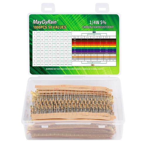 Carbon Film Resistor Kit, 50 Values 1/4W 5% Tolerance Resistors Assortment,0-10M Ohm Through Hole Resistors with Storage Box for Arduino,DIY Electronics Circuit Repair (1/4WJ-50V-1000PCS, Carbon) in Kuwait